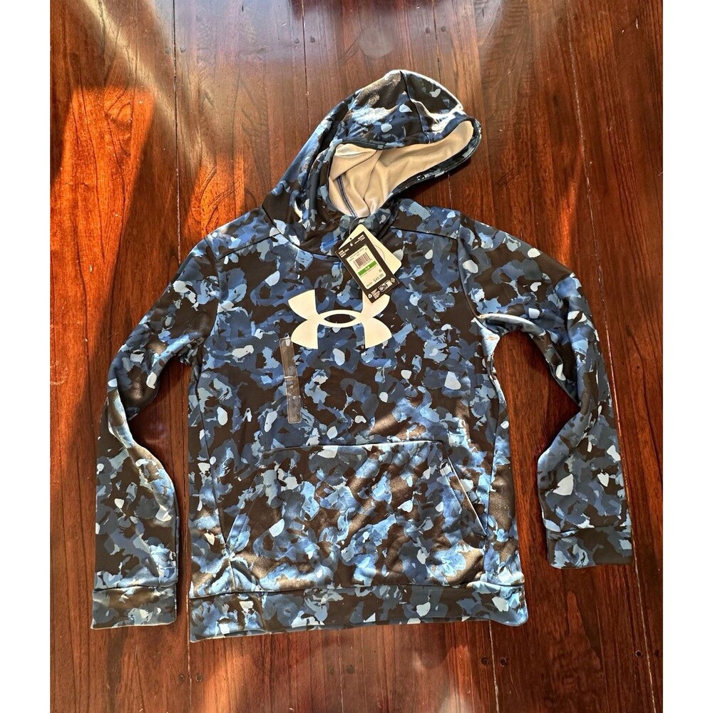 Under Armour Boys 12-13 Years Blue/Black Camo Fleece Hoodie Loose w Pockets